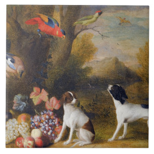 Carreau Paysage avec oiseaux exotiques et deux chiens