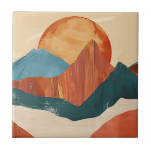Carreau Paysage de montagne Abstrait Boho avec soleil