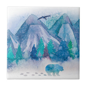 Carreau Paysage de montagne d'hiver à l'aquarelle bleue
