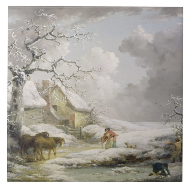 Carreau Paysage hivernal avec des hommes qui font des vagu (Devant)