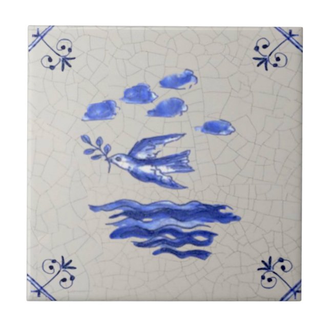 Carreau Peace Dove with Olive Branch Blue Delft 1600s Repr (Devant)