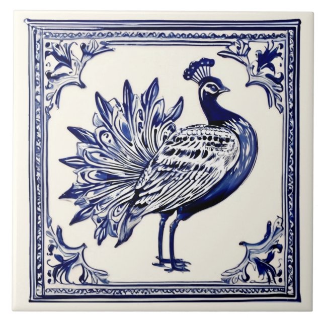 Carreau Peacock Bleu et Blanc Folk Art animal (Devant)