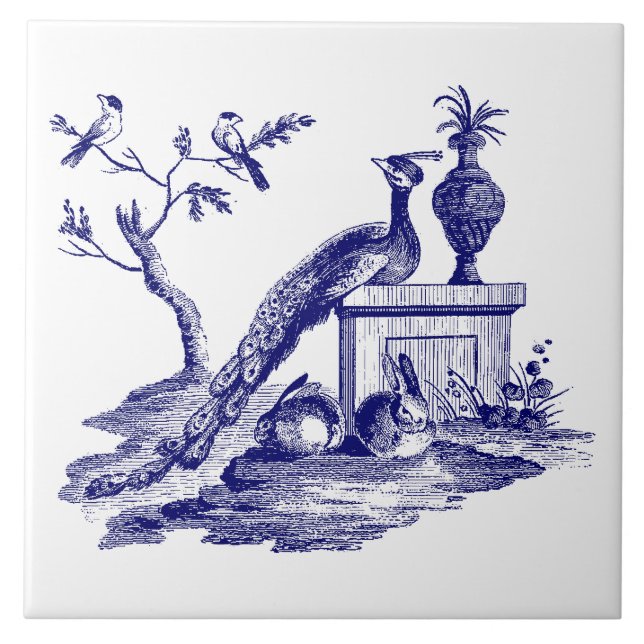 Carreau Peacock et lapins bleus et blancs (Devant)