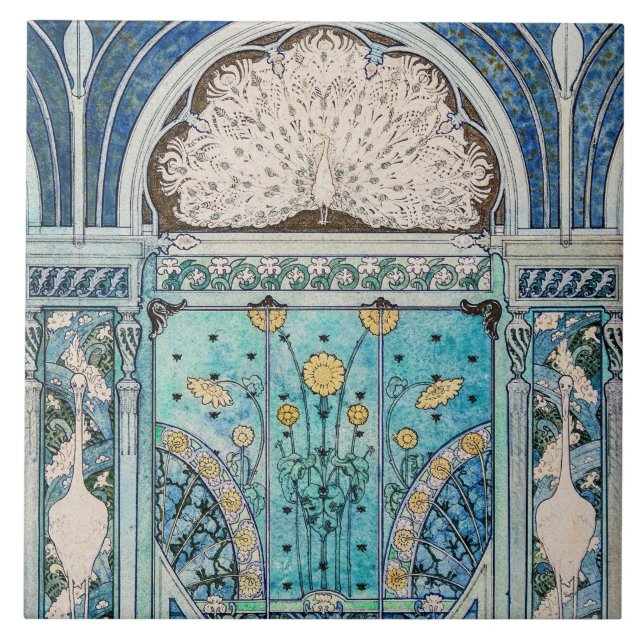 Carreau Peacock, Grues et tournesols Art nouveau (Devant)