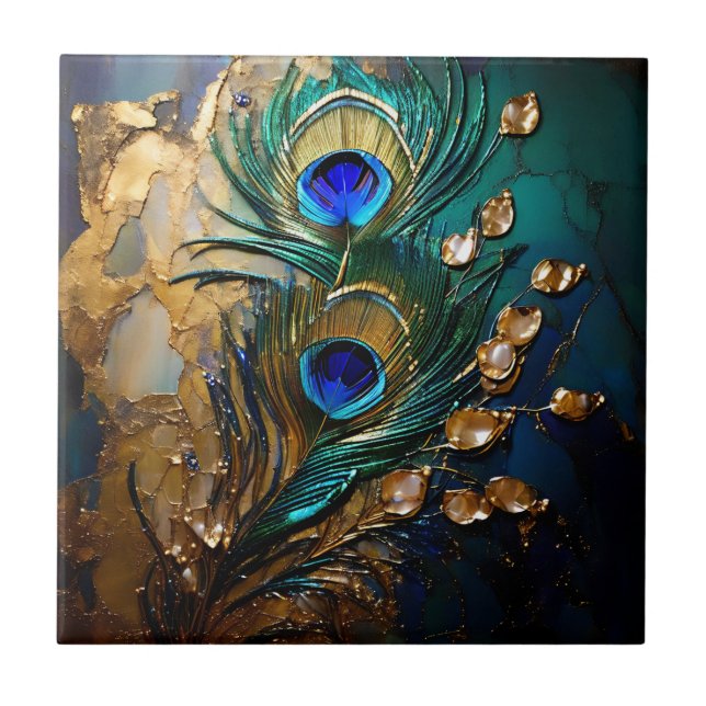 Carreau Peacock plumes feuille perle faux feuille d'or mar (Devant)