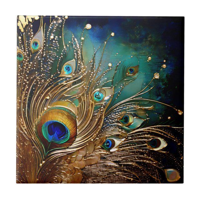 Carreau Peacock plumes perle points faux feuille or mur (Devant)