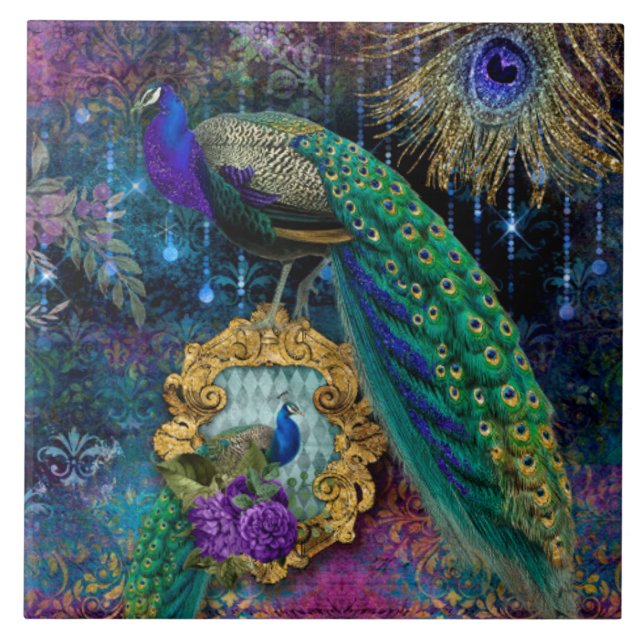 Carreau Peacocks élégants w Feathers Gold Parties scintill (Devant)