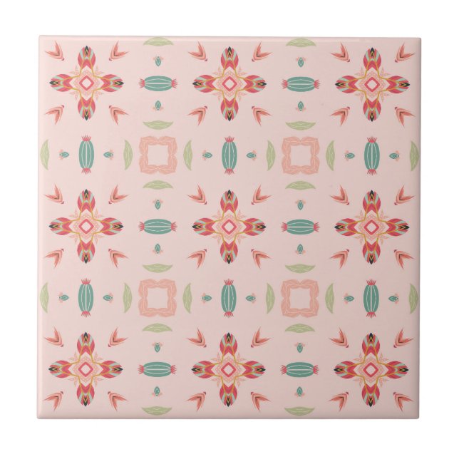 Carreau Pêche et Turquoise Floral moderne géométrique (Devant)