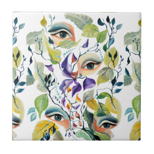 Carreau Peint à la main Elegant Feminine Eyes Feuilles col