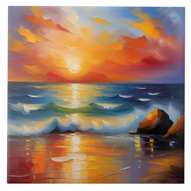 Carreau Peinture à l'huile de couché de soleil orange sur  (Devant)