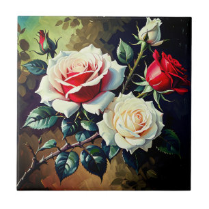 Carreau Peinture à l'huile de roses rouges blanches roses