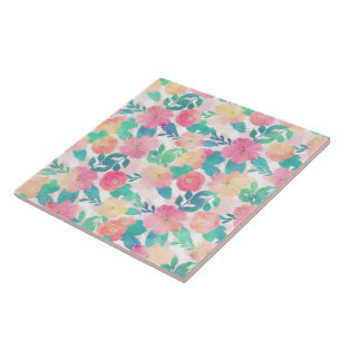 Carreau Peinture à main rose bleu florale Fille Design