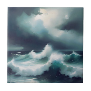 Carreau Peinture aquarelle de vagues de l'océan bleu gris 