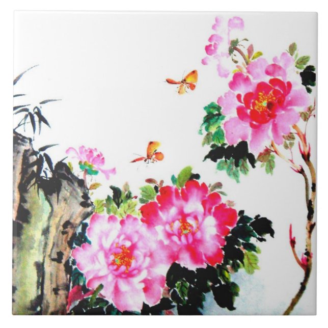 Carreau Peinture chinoise d'aquarelle de pivoines et de (Devant)