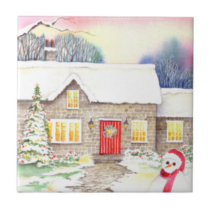 Carreau Peinture d'aquarelle de la maison neige
