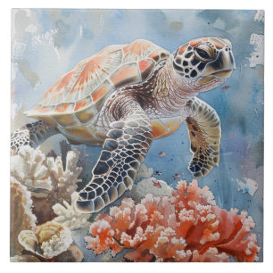 Carreau Peinture d'aquarelle de la tortue de mer mignonne