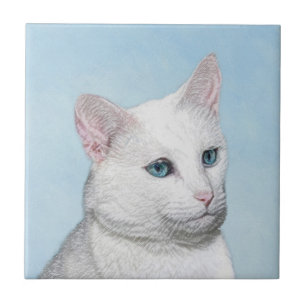 Carreau Peinture de chat blanc - Cute Original Cat Art