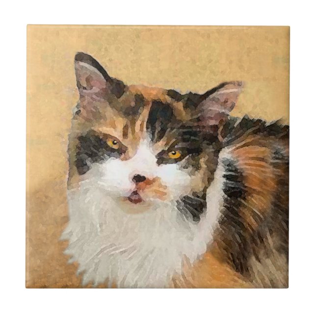 Carreau Peinture de chat Calico - Cute Original Cat Art (Devant)