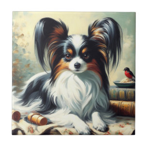 Carreau Peinture de chien Papillon vintage