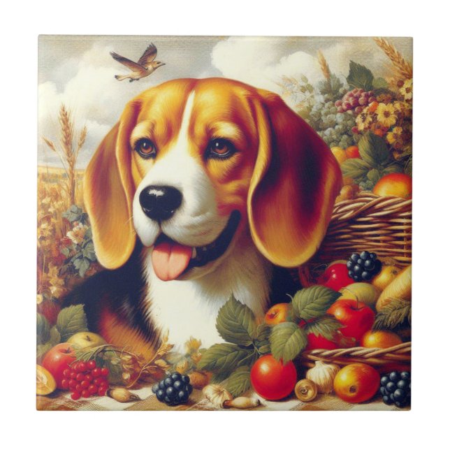 Carreau Peinture de chiot Beagle vintage (Devant)