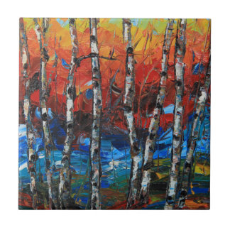 Carreau Peinture de couteau de palette d'arbre de bouleau