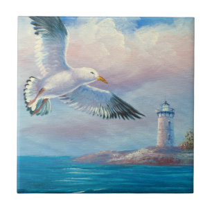 Carreau Peinture d'une mouette volant près d'un phare