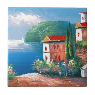 Carreau Peinture d'une villa de bord de la mer en Italie
