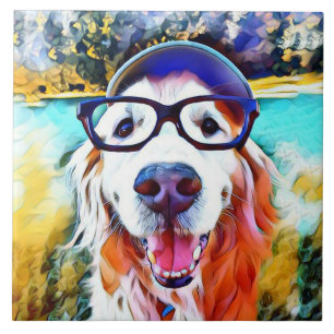Carreau Peinture nerd en verre de golden retriever vibrant