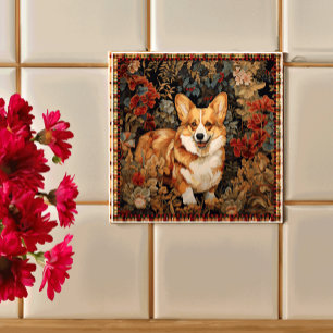 Carreau Pembroke Welsh Corgi dans un jardin de fleurs vict