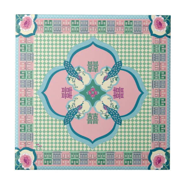 Carreau Peranakan Peacock Double Happiness Tile – Pastel N (Devant)