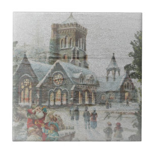 Carreau Père Noël ancienne avec enfants devant une église