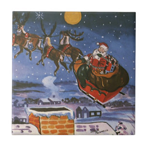 Carreau Père Noël de Noël vintage volant son traîneau