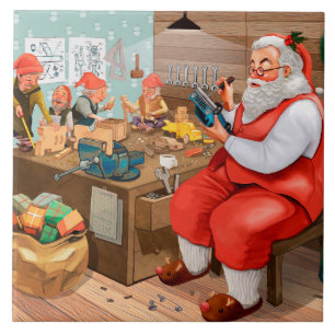 Carreau Père Noël et ses elfes dans l'atelier