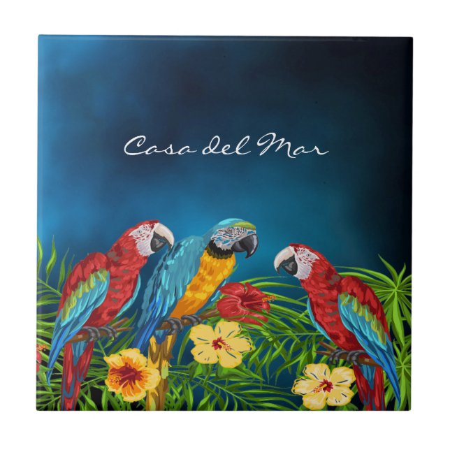 Carreau Perroquets bleu tropical feuille nom de la maison  (Devant)