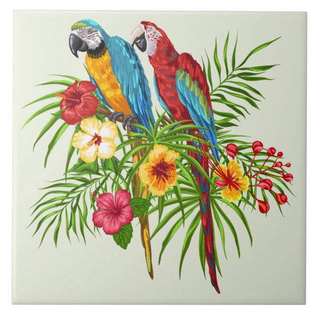 Carreau Perroquets Macaw colorés et fleurs d'Hibiscus (Devant)