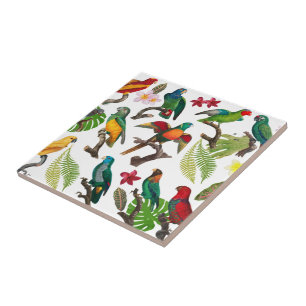 Carreau Perroquets tropicaux colorés, Feuilles et fleurs