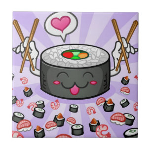 Carreau Personnage de dessin animé de sushi mangeant un