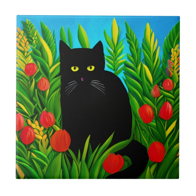 Carreau Petit chat noir dans un jardin de tulipes (Devant)