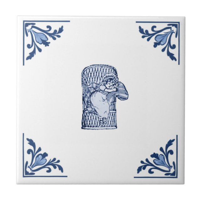 Carreau Petite fille dormante vintage Delft Bleu & Blanc (Devant)