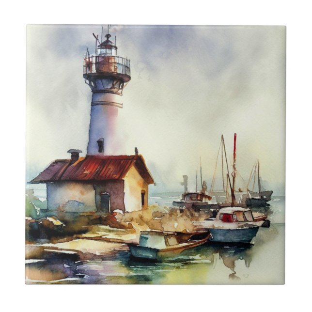 Carreau Phare et bateaux Watercolor Art (Devant)