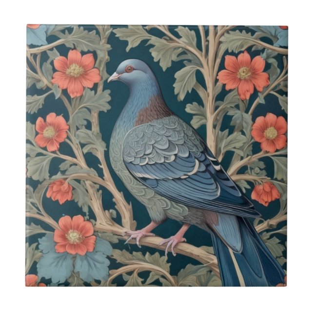 Carreau Pigeon Bird William Morris style Fleurs rouges gau (Devant)