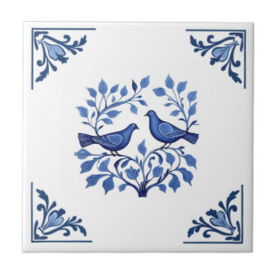 Carreau Pigeon Dove Bird Couple Blue White Delft Corners