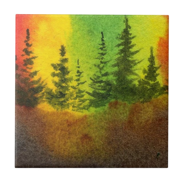 Carreau Pine Tree Rainbow Sky Morning Nature Tile (Devant)