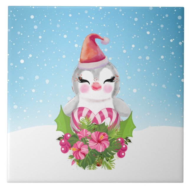 Carreau Pingouin de Noël mignon à Santa Hat (Devant)