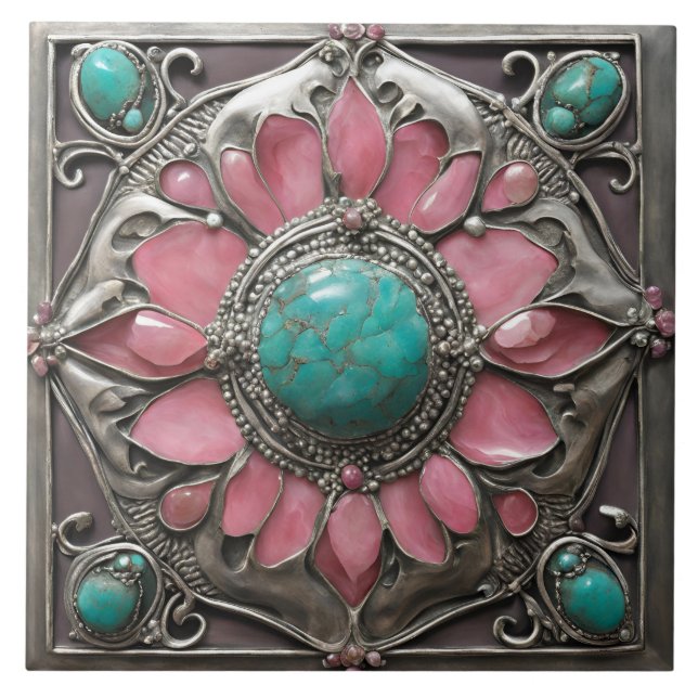 Carreau Pink and Teal Art Nouveau Mosaic Tile Pattern (Devant)