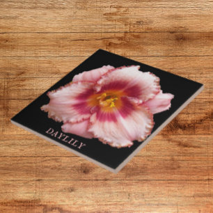 Carreau Pink Daylily Bloom sur Black Floral