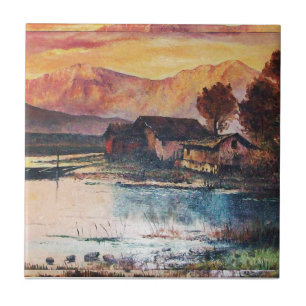 CARREAU PINK MOUNTAINS LAC ALPINE SUNSET PAYSAGE