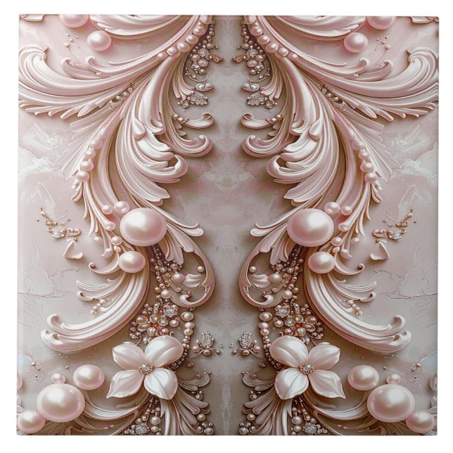 Carreau Pink Ornate Pearl and Floral Ceramic Tile (Devant)