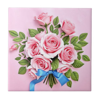 Carreau Pink Roses Bouquet Ribbon Illustration