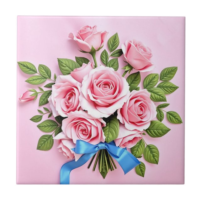 Carreau Pink Roses Bouquet Ribbon Illustration (Devant)